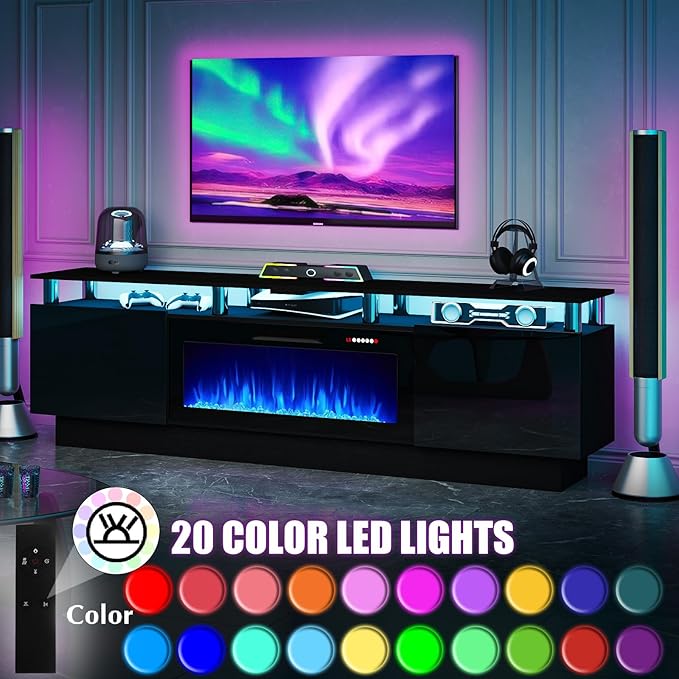 80" Modern Fireplace TV Stand with 36" Electric Fireplace for TVs Up to 90 inch, Luxury LED Light Entertainment Center with High Gloss Cabinet, TV Consoles for Living Room, Black