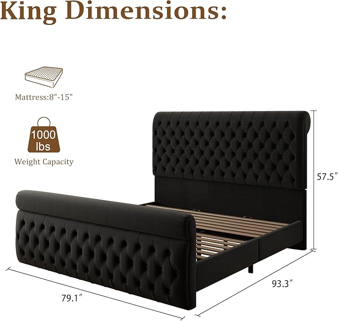 57.5" Tall King Size Upholstered Bed Frame with Rolled Headboard and Footboard, Plaform Bed Frame with Deep Button Tufting, Soft Chenille Fabric, Noise Free, No Spring Box Needed, Black