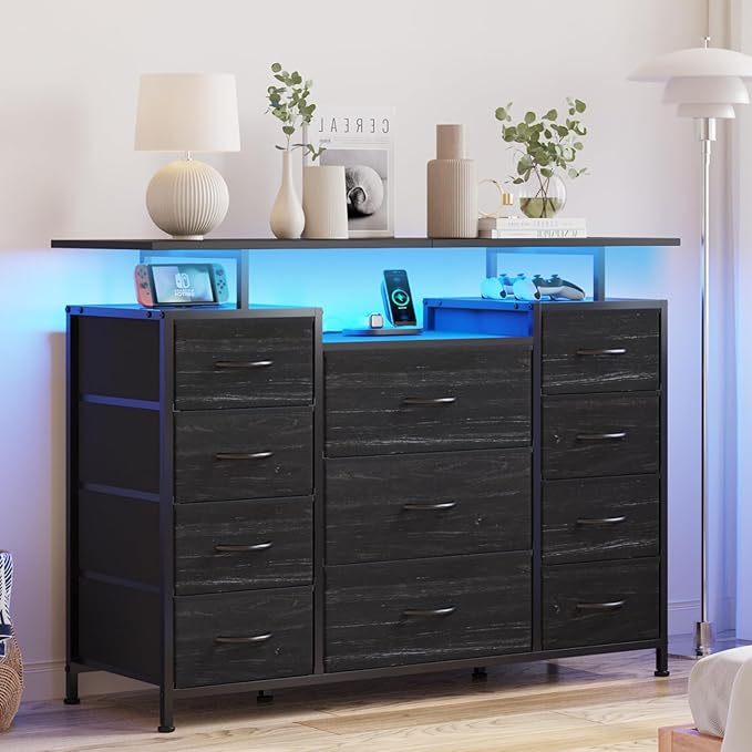 LUMTOK 11 Drawers Dresser with Fabric Drawers,Charging Station, LED Lights and Shelves for Bedroom,Hallway, Storage Organization (Black Wood Veins)