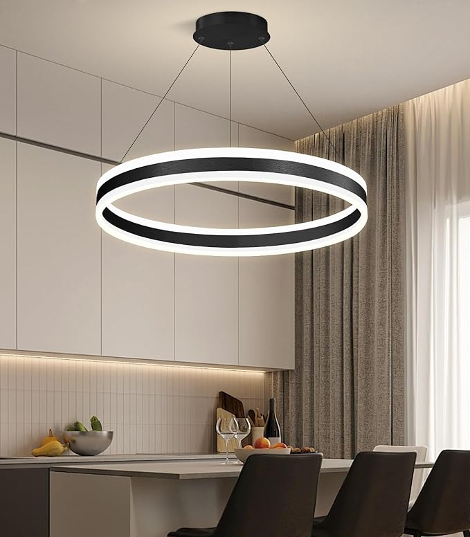 D23.6'' Modern Ring Chandelier for Dining Room LED Dimmable Pendant Lighting High Ceiling Chandelier for Living Room Foyer Bedroom Entryway 3000K-6000K Black
