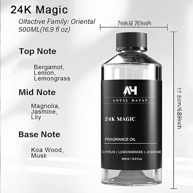 24K Magic Scent Diffuser Oil 500mL - Inspired by Luxury Hotel W Hotels - Notes of Zesty Citrus, Floral Jasmine, & Delicate Lily - Aromatherapy Home Fragrance - 24K Diffuser Oil - AH Diffuser Oils
