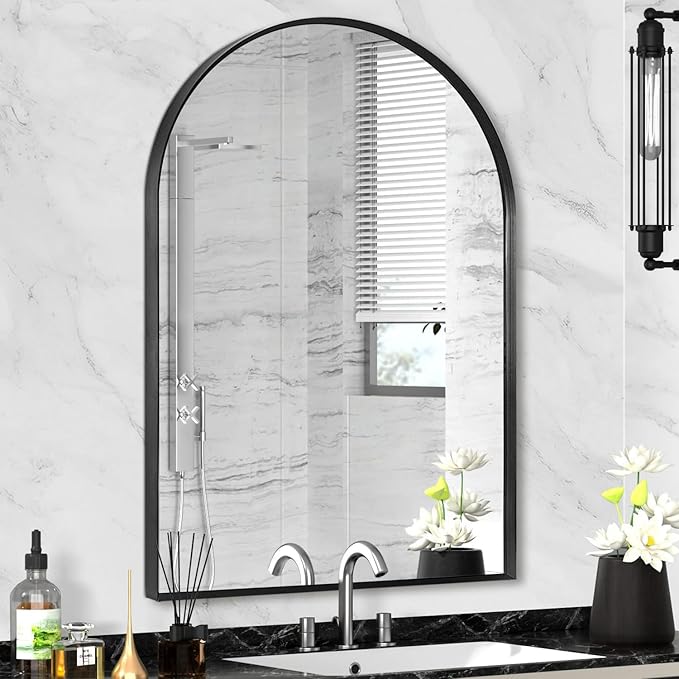 22" x 30" Black Arched Mirror, Arch Wall Mirror, Metal Frame Black Bathroom Mirror, Arched Top Bathroom Vanity Mirror for Living Room, Bedroom, Entryway, Tempered Glass, Shatter Proof