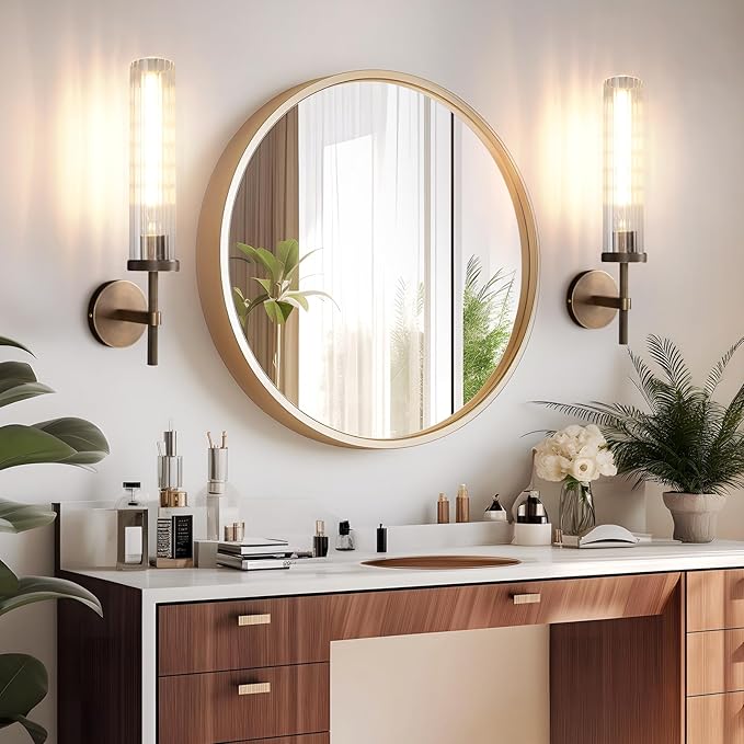 19.5" Knurled Brass Wall Sconce with Vertical Striped Glass Tube, Bronze Bathroom Vanity Light Fixtures, Modern Lamp Lighting for Bedroom, Living Room, Hallway, Staircase, Mirror, Kitchen