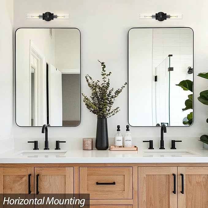 2-Light Black Knurled Wall Sconces, Glass Sconces Wall Lighting Indoor, Bathroom Vanity Light Sconces, Wall Lights for Living Room Bedroom Hallway Kitchen Bathroom Mirror, Including Bulb