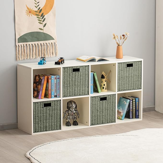 Handwoven Paper Woven Cube Basket Organizer with Handles set of 4 Foldable Storage baskets for Bedroom Living Room Cubby Storage Units for Clothes Books Toys (Green, 13" L x 13" W x 13" H)