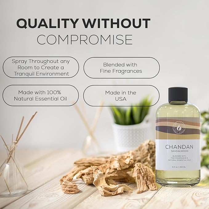 Aroma Country Chandan Diffuser Oil - Luxury Essential Oils for Diffuser Refill & Air Freshener Room Spray - Long-Lasting & Natural Home Fragrance, Sandalwood Scented Oil for Diffusers (8.5 Fl. oz)