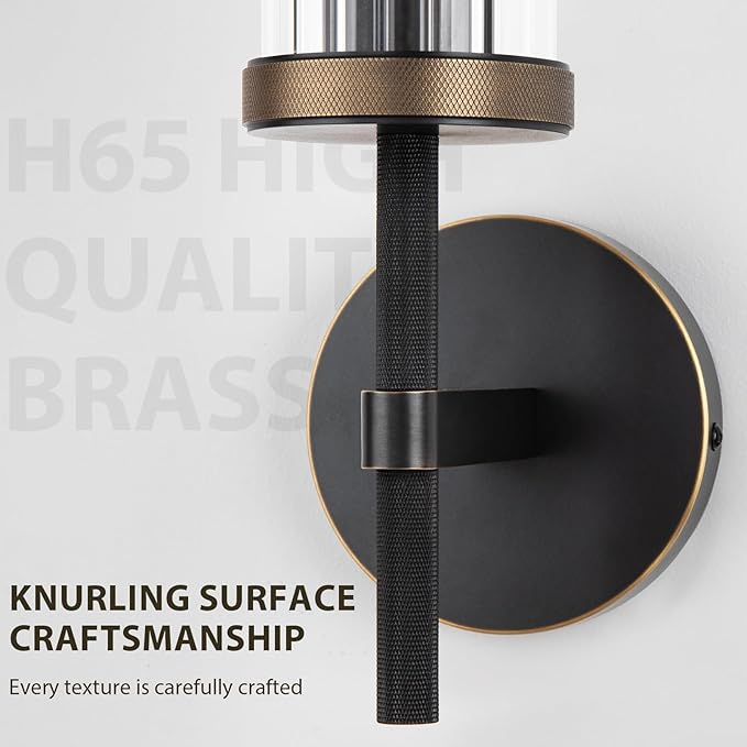 19.5" Knurled Brass Wall Sconces Set of 2, Black Gold Bathroom Vanity Light Fixtures with Vertical Striped Glass Tube, Modern Lamp Lighting for Bedroom, Living Room, Hallway, Staircase, Mirror