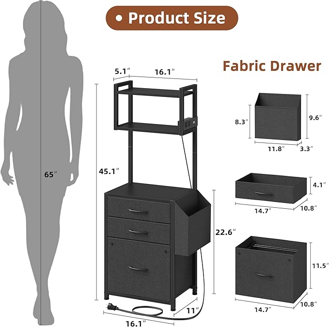 3 Drawer File Cabinet with Charging Station, 3-Tier Tall Filing Cabinet for Home Office, 11''*16'' for Small Printer, Fabric Drawer Fits A4/Letter, Printer Stand 45''H, Black