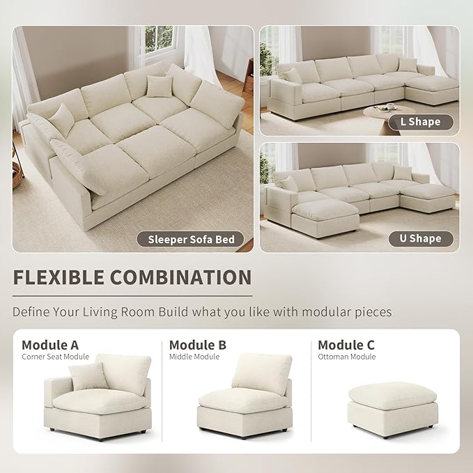 Modular Sectional Sofa Couch for Living Room, Convertible Upholstered Comfy Couches Deep Seat Sofa | Removable & Washable Cushion Covers, Filled with Down Cotton | Free Combination Sleeper Sofa Bed