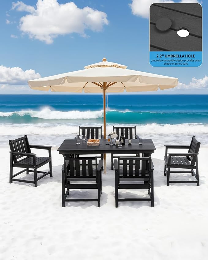 QUASCO 7-Piece Patio Dining Table Sets, Outdoor HDPE Dining Furniture Set with Umbrella Hole Table and 6 Chairs for Poolside, Porch, Yard and Garden, Black