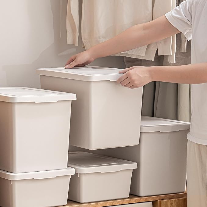 LightGray Storage Bins with lids,Stackable Plastic Boxes Set of 4,Storage busket with handle for Organizing Snacks, Crafts,Crafts, Tools,books (LightGray, 4XL)