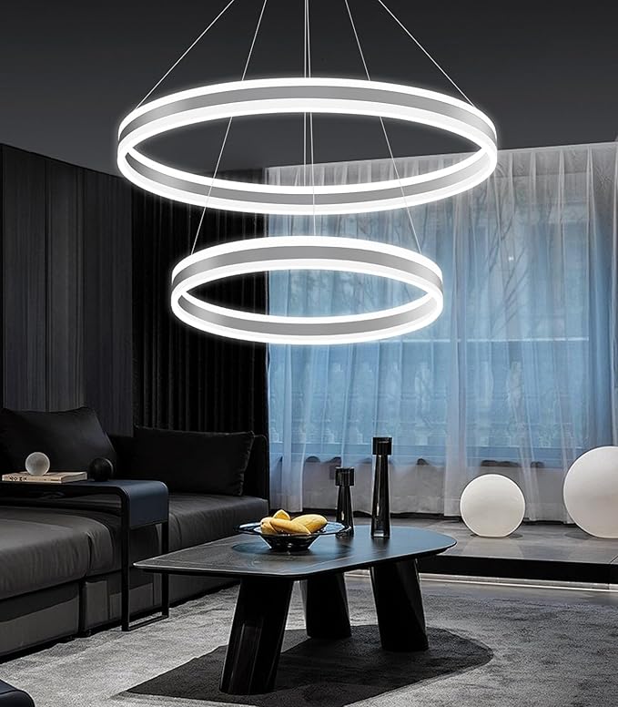 D23.6''+31.5'' Modern Ring Chandelier for Dining Room LED Dimmable Pendant Lighting High Ceiling Chandelier for Living Room Foyer Bedroom Entryway 3000K-6000K Silver