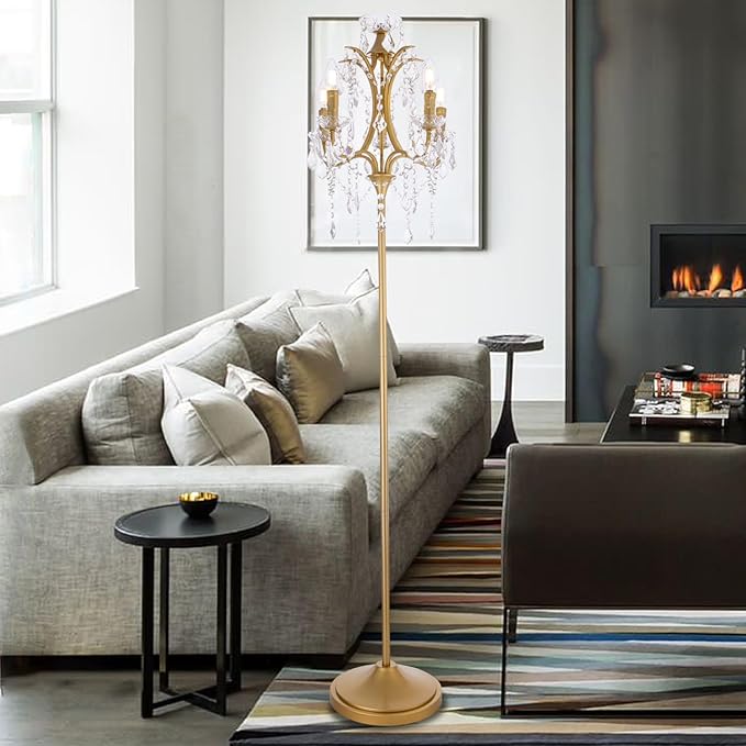 TOCHIC 5-Light Farmhouse Tranditional Crystal Floor Lamp, Gold Craft Candelabra Lighting Fixture 65'' Tall for Living Room, Dining Room, Entryway, Bedroom