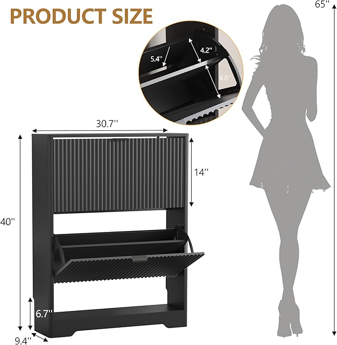 Shoe Cabinet Storage for Entryway with 2 Flip Drawers, Black Fluted Shoe Cabinet with Open Storage, Wooden Hidden Shoe Rack Freestanding Narrow Slim Shoes Organizer for Hallway, Entrance