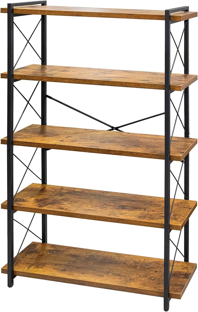 HCHQHS Bookshelf, 5-Tier Industrial Bookcase, Rustic Open Book Shelf, Freestanding Tall Bookshelves with Metal Frame