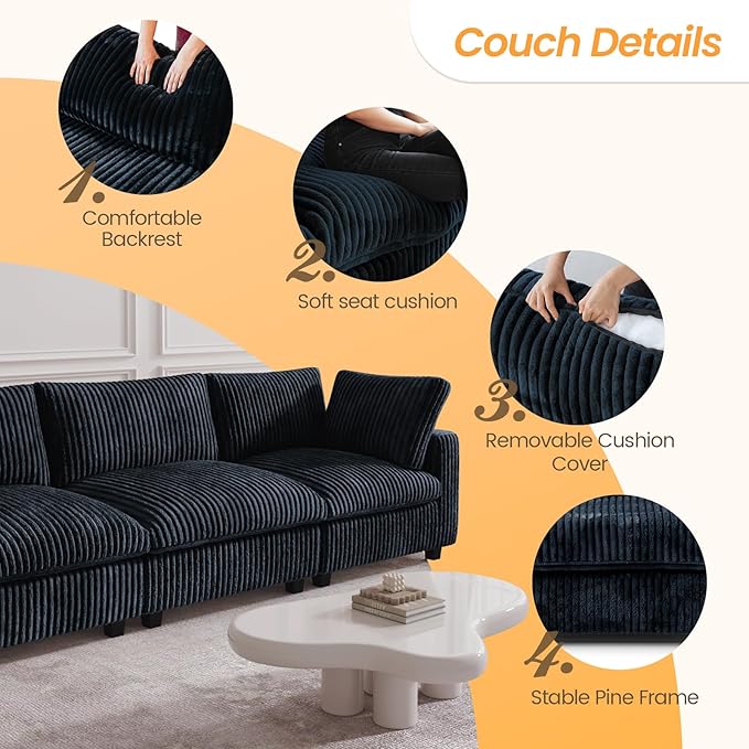 JACH 118" Sectional Couches, Convertable Modular Sofa for Living Room, Modern Deep Seat Couch, Sofa Covers Washable, Minimalist Plush Sofas for Living Room, Apartment, Black