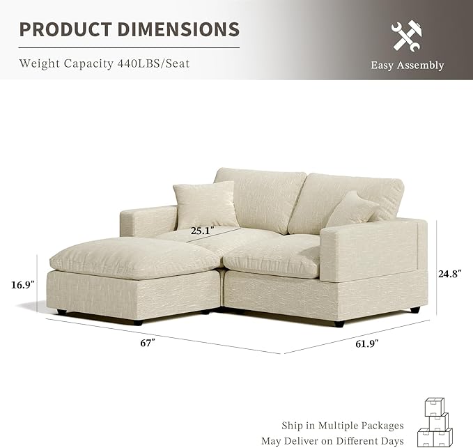 Modular Sectional Sofa Cloud Couch for Living Room, Modern Minimalist Comfy Deep Sofa Couches, Upholstered Couch with Removable & Washable Cushion Covers, Wide Armrest, Filled with Down and Cotton