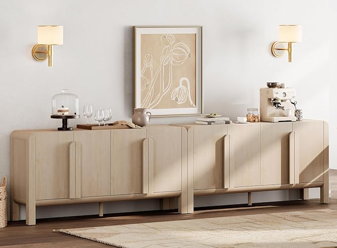 WAMPAT Modern TV Stand for TVs Up to 120 inches, 126" W Farmhouse Entertainment Center with Adjustable Shelf and 4 Doors, Media Console Table TV Cabinet for Living Room, Light Oak