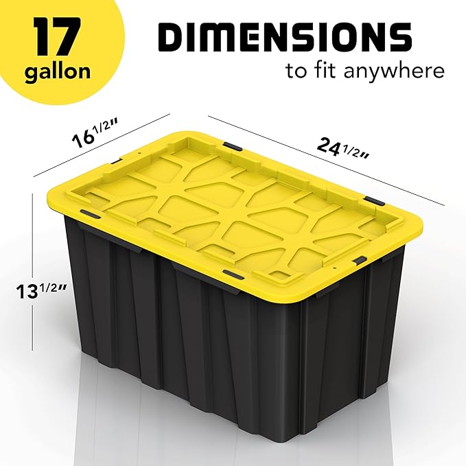 4 Pack of Large 17 Gallon Plastic Storage Bin Tote Organizing Container with Secure Latching Lids, Stackable, Extra Strength Clear with Built in Handle - Black and Yellow