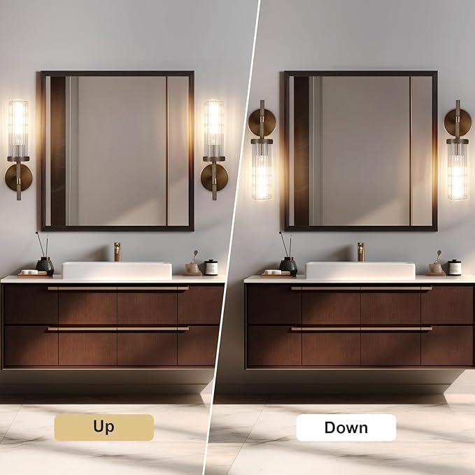 15" Knurled Brass Wall Sconces Set of 2, Bronze Bathroom Vanity Light Fixtures with Vertical Striped Glass Tube, Modern Lamp Lighting for Bedroom, Living Room, Hallway, Staircase, Mirror, Kitchen