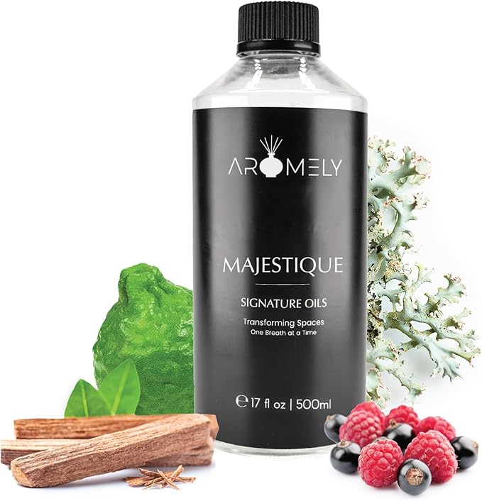 Aromely Diffuser Oil Majestique a Sophisticated Blend of Bergamot, Sandalwood, Oud, Jasmine, Saffron, Sweet Berry, Oakmoss, and Vanilla Creating an Exquisite Fragrance for Scent Diffusers - 500ml