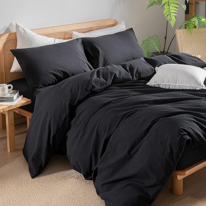 BESTOUCH Duvet Cover Set 100% Washed Cotton Linen Feel Super Soft Comfortable Chic Lightweight 3 PCs Home Bedding Set Solid Deep Black Full/Double