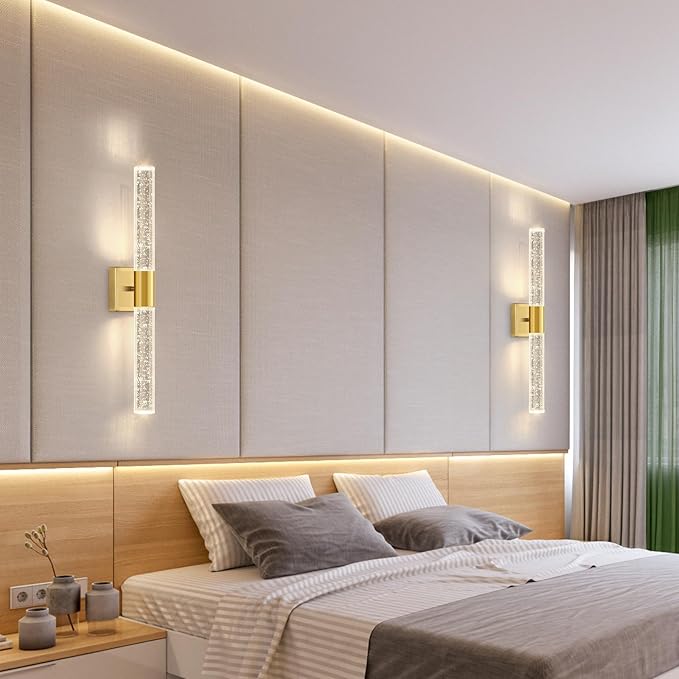 Brushed Gold LED Wall Sconces Set of 2 with LED Warm Light Interior Glam Crystal Wall Light, Hardwired