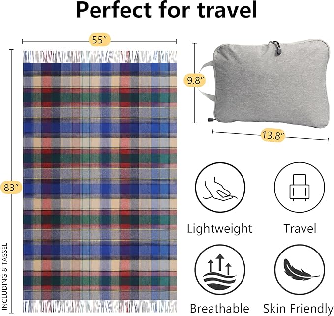 Blue Buffalo Plaid Throw Blanket for Couch,100% Wool Throw Blanket for Home Decor, Soft Lightweight Cozy All Season Decorative Vintage Blankets for Travel,Bed, Sofa, Chair, Outdoor 55"x83"/1.5LBS