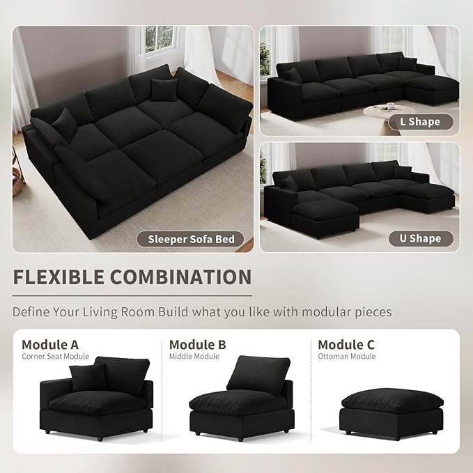 Modular Sectional Sofa Cloud Couch for Living Room, Modern Minimalist Comfy Deep Sofa Couches, Upholstered Couch with Removable & Washable Cushion Covers, Wide Armrest, Filled with Down and Cotton