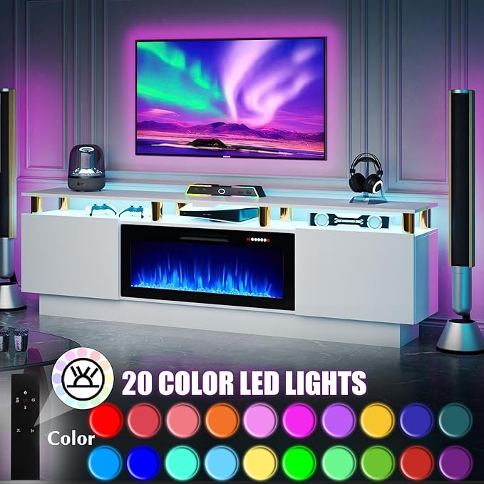 80" Modern Fireplace TV Stand with 36" Electric Fireplace for TVs Up to 90 inch, Luxury LED Light Entertainment Center with High Gloss Cabinet, TV Consoles for Living Room, White + Gold