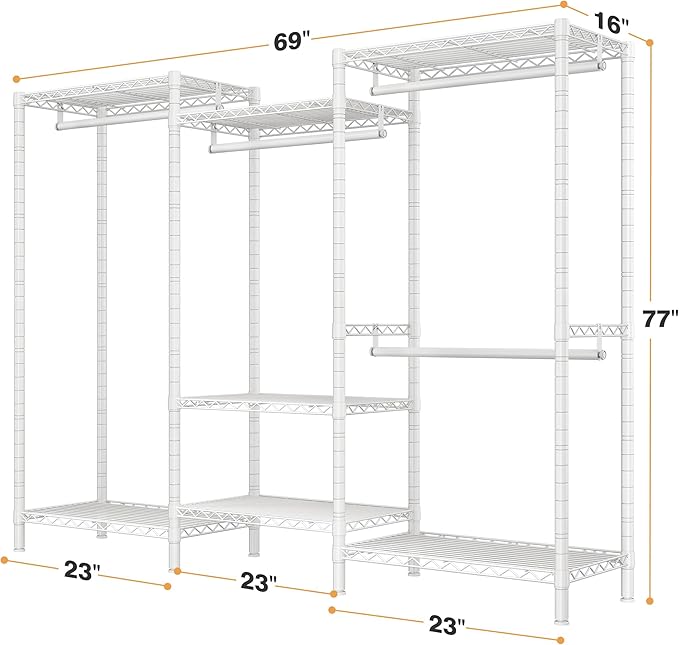 Raybee Heavy Duty Clothes Rack Load 900Lbs, Clothing Rack for Hanging Clothes for Bedroom 77" H x 69'' W x 16'' D,White
