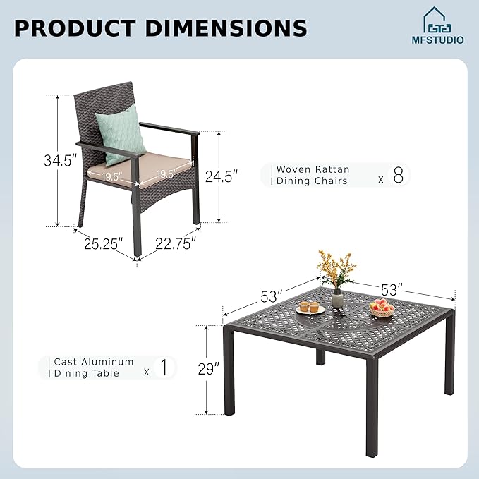 MFSTUDIO Outdoor Patio Dining Sets for 8, All Weather Square Cast Aluminum Outdoor Table and 6 Wicker Chairs, 7 Piece Patio Furniture Set for Deck, Backyard, Garden