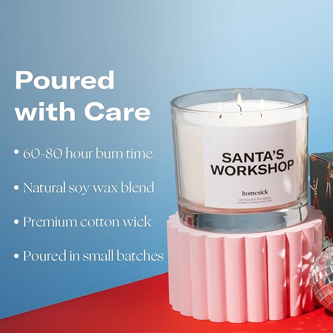 Homesick Scented Candles for Home (Santa’s Workshop) - 26 oz Long-Lasting Natural Soy Wax Blend Jar Holiday Candle Gifts for Christmas, 110-150 Hours Burn Time - Notes of Sandalwood & Fresh Snow