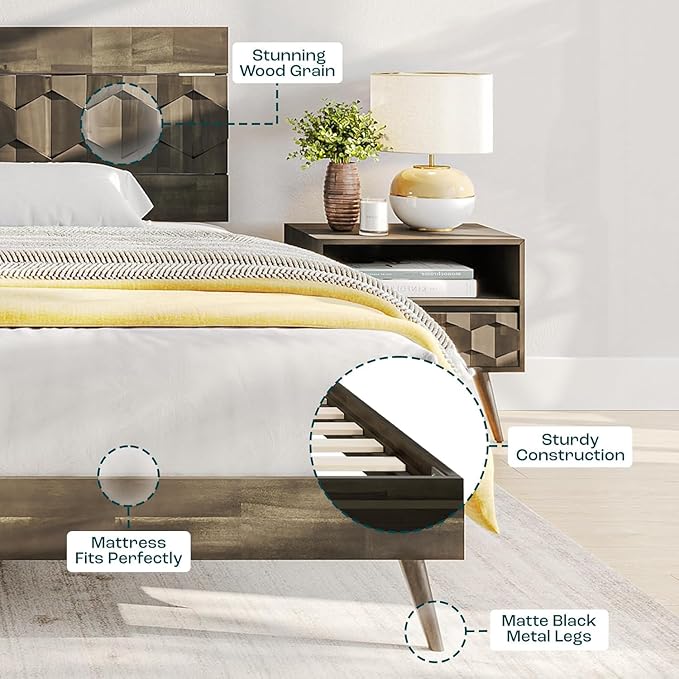 Bme Georgina King Size Bed Frame and Headboard, Signature Handcrafted Geometric, US Patent Pending Design, Solid Wood, No Box Spring Needed, 12 Strong Wood Slats Support, Easy Assembly, Mocha