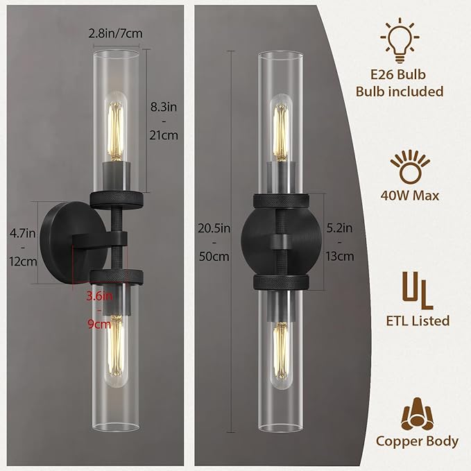 2-Light Black Knurled Wall Sconces, Glass Sconces Wall Lighting Indoor, Bathroom Vanity Light Sconces, Wall Lights for Living Room Bedroom Hallway Kitchen Bathroom Mirror, Including Bulb