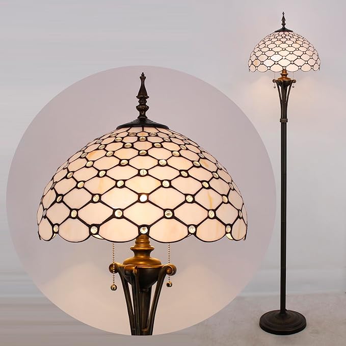 Tiffany Floor Lamp Cream Amber Bead Stained Glass Standing Reading Light 16X16X70 Inches Antique Pole Corner Lamp Decor Bedroom Office Living Room