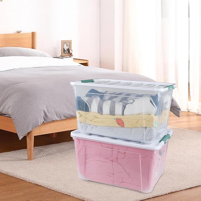 Pekky 85 Quart Clear Storage Bin on Wheels, 4-Pack Large Plastic Latching Box