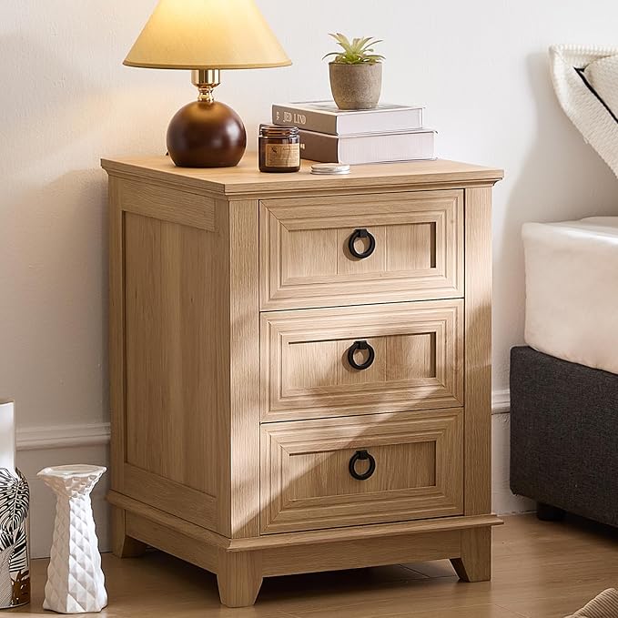 18" Farmhouse Night Stands Set of 2 with 3 Drawers, Wood Bedside End Table, Natural Nightstand, Bed Side Table Cabinet with Metal Handle for Bedroom Living Room, Closet