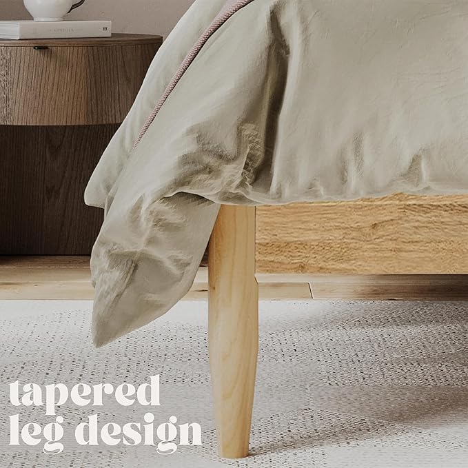 DG Casa Reign Boucle Mid-Century Modern Full Size Wooden Platform Bed Frame - Upholstered in Taupe Boucle - Solid Wood with Natural Finish