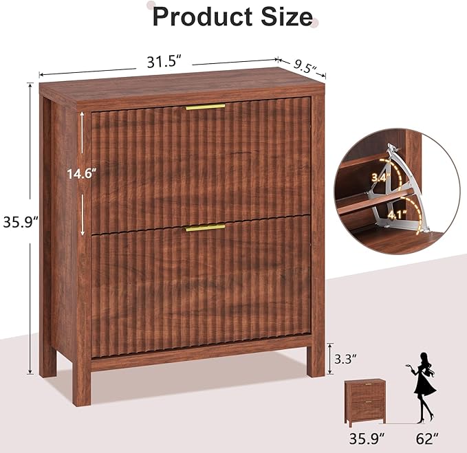 Shoe Cabinet Storage for Entryway, Fluted Shoe Cabinet with 2 Flip Drawers, Hidden Shoe Rack Tall Freestanding Shoe Organizer with Legs for Hallway, Walnut