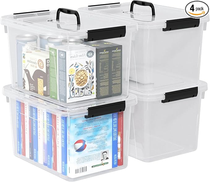 17.5 L Plastic Clear Latching Storage Box with Lid, Storage Bin with Handle, 4 Packs