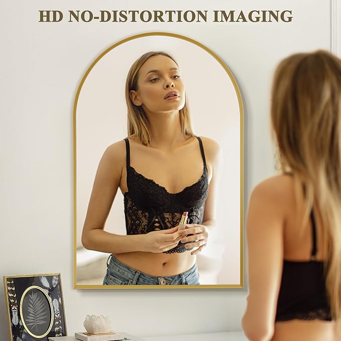 28" x 36" Gold Arched mirror, Large Arch Bathroom Vanity Wall Mirror, Modern Aluminum Alloy Metal Frame Arch Mirror for Bathroom, Living Room, Bedroom, Entryway, Tempered Glass, Shatter Proof