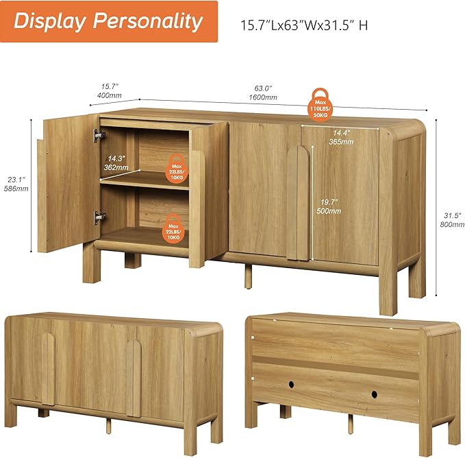 WAMPAT Modern TV Stand for TVs Up to 75 inches,63" W Farmhouse Entertainment Center with Adjustable Shelf and 4 Doors,Media Console Table TV Cabinet for Living Room,Light Walnut