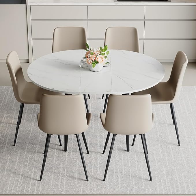 42"-54" Extendable Dining Room Table Set for 6, Round Dining Table Set for 6, White Kitchen Table with Upholstered Chairs Set of 6, 7 Piece Dining Table Set for Small Spaces, Easy Assembly