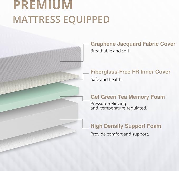 Twin XL Adjustable Bed Base Frame with Wireless Remote + 10 Inch Twin XL Green Tea Gel Memory Foam Mattress Bed in a Box, Head and Foot Incline, Zero Gravity, Fiberglass Free, 80" x 38"