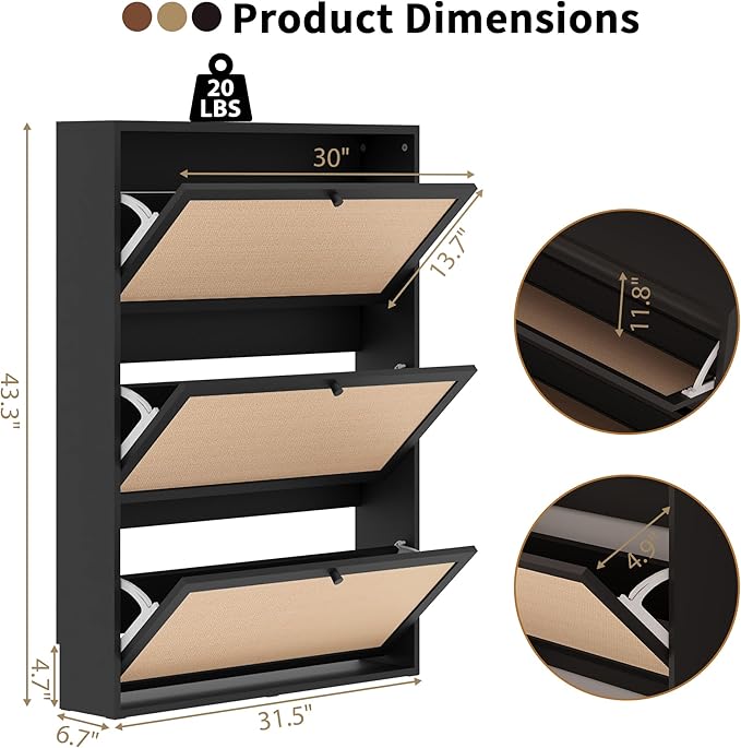 Shoe Storage Cabinet with 3 Flip Drawers, Narrow Wood Shoes Cabinet with Linen Doors Drawer, Freestanding Shoe Organizer Slim Shoe Cabinet Storage Shoe Rack for Entryway Hallway (Black)