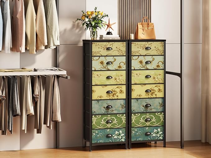 Furnulem Tall Dresser for Bedroom with 7 Fabric Drawers, Vintage Dressers & Chest of Drawers, Vertical Storage Tower Organizer Unit Retro Bedside Furniture in Closet,Living Room,Nusery,Dorm,Entryway