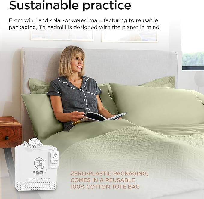 Threadmill 100% Cotton Sheets for Twin XL Size Bed - 600 Thread Count Twin XL Bed Sheets Set with 15” Deep Pocket - Sateen Weave 3-Piece Bedding Set with Cooling Effect, Sage Green