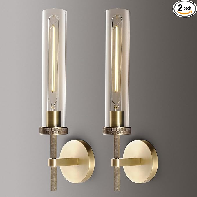 Brass Knurled Wall Sconce 20", Bathroom Wall Sconce Set of Two,Glass Tube Brass Sconces Wall Lighting,Bathroom Sconces Side of Mirror,Vanity Sconce Lights for Bath,Including E26 Light Bulbs