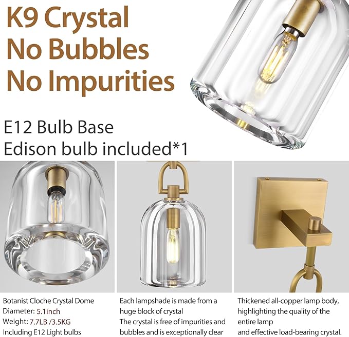 Botanist Cloche Crystal Wall Sconce, Modern Brass and Crystal Bathroom Wall Sconce, Indoor Luxury Decorative Lighting Wall Sconces for Bedroom/Hallway/Stairs,Dimmable LED Included